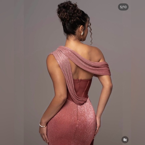 RED CELESTINA DRAPED MAXI DRESS Elegant Off-Shoulder Burgundy Dress - Picture 4 of 5